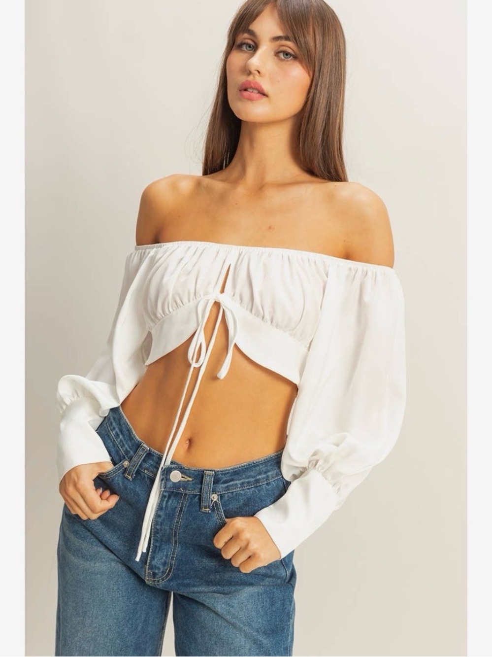 HYFVE White Satin Off Shoulder Tie Front Crop Top Romantic Cottagecore Blouse